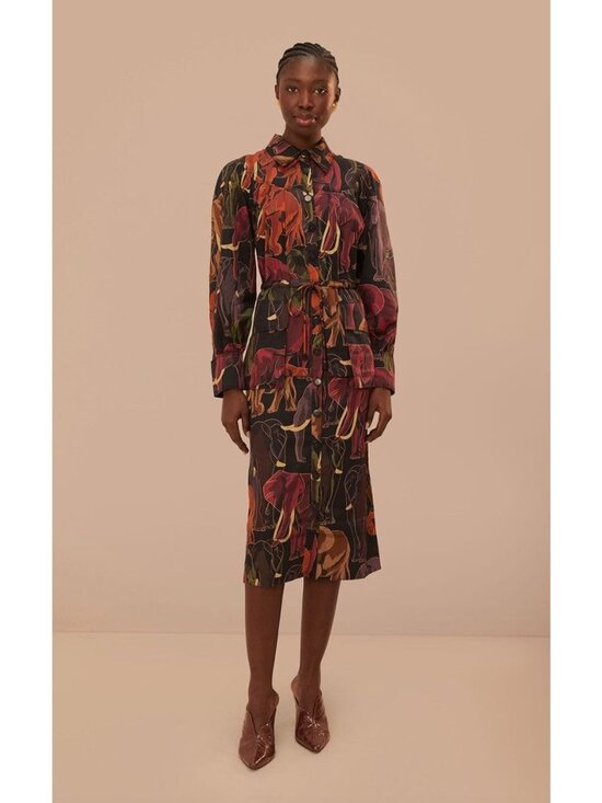 FARM Rio Dresses & Skirts - Farm Rio Elephants Brown Long Sleeve Midi Dress Safari Trench Button Front Sz XS